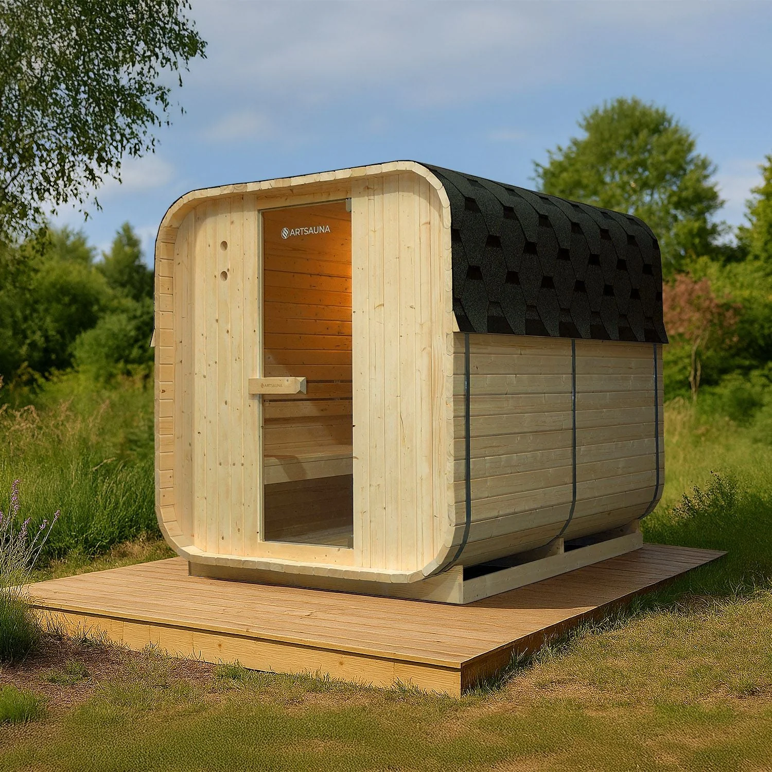 Artsauna Nolvik XL — moderne quadratische Fasssauna