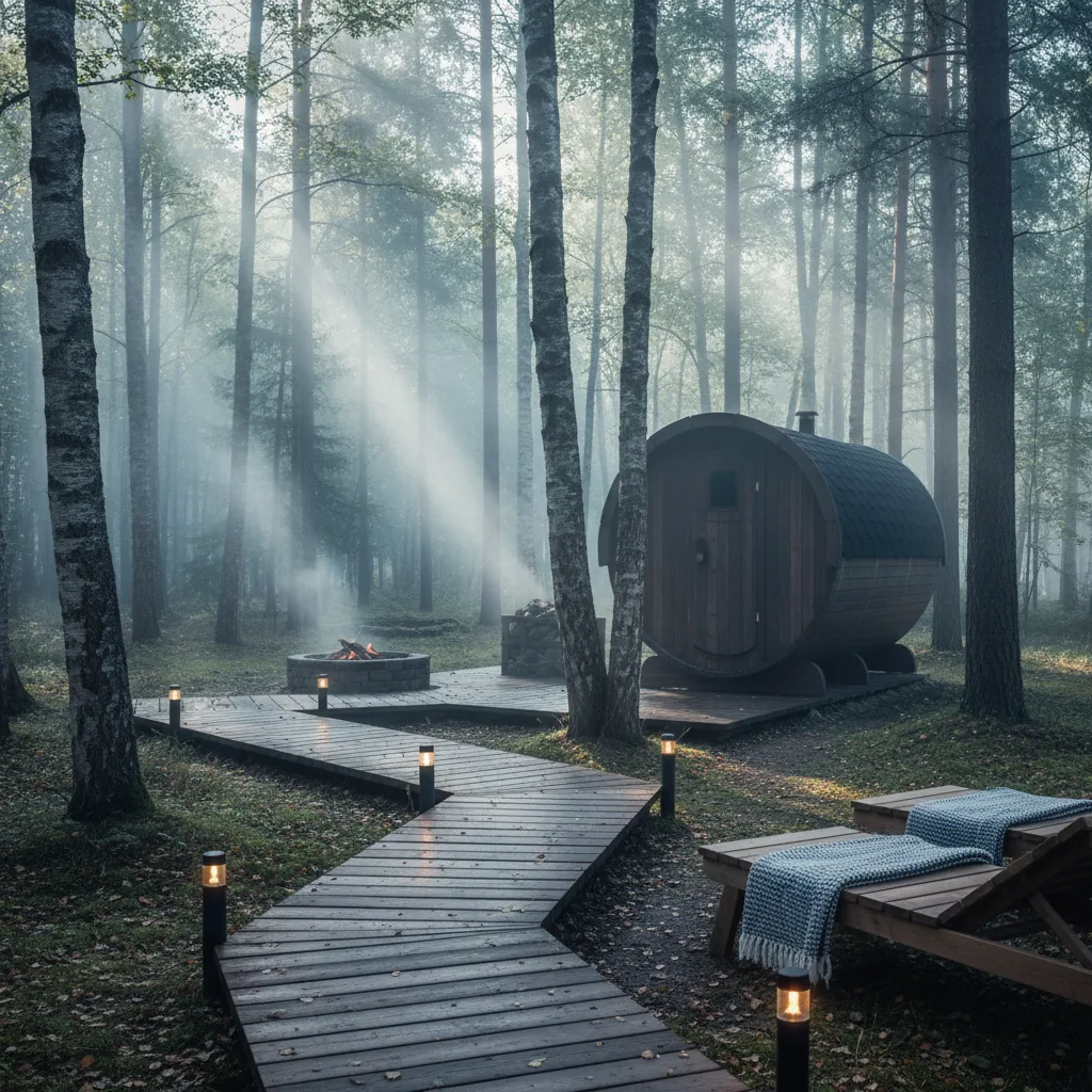 Fasssauna im Wald bei Morgennebel